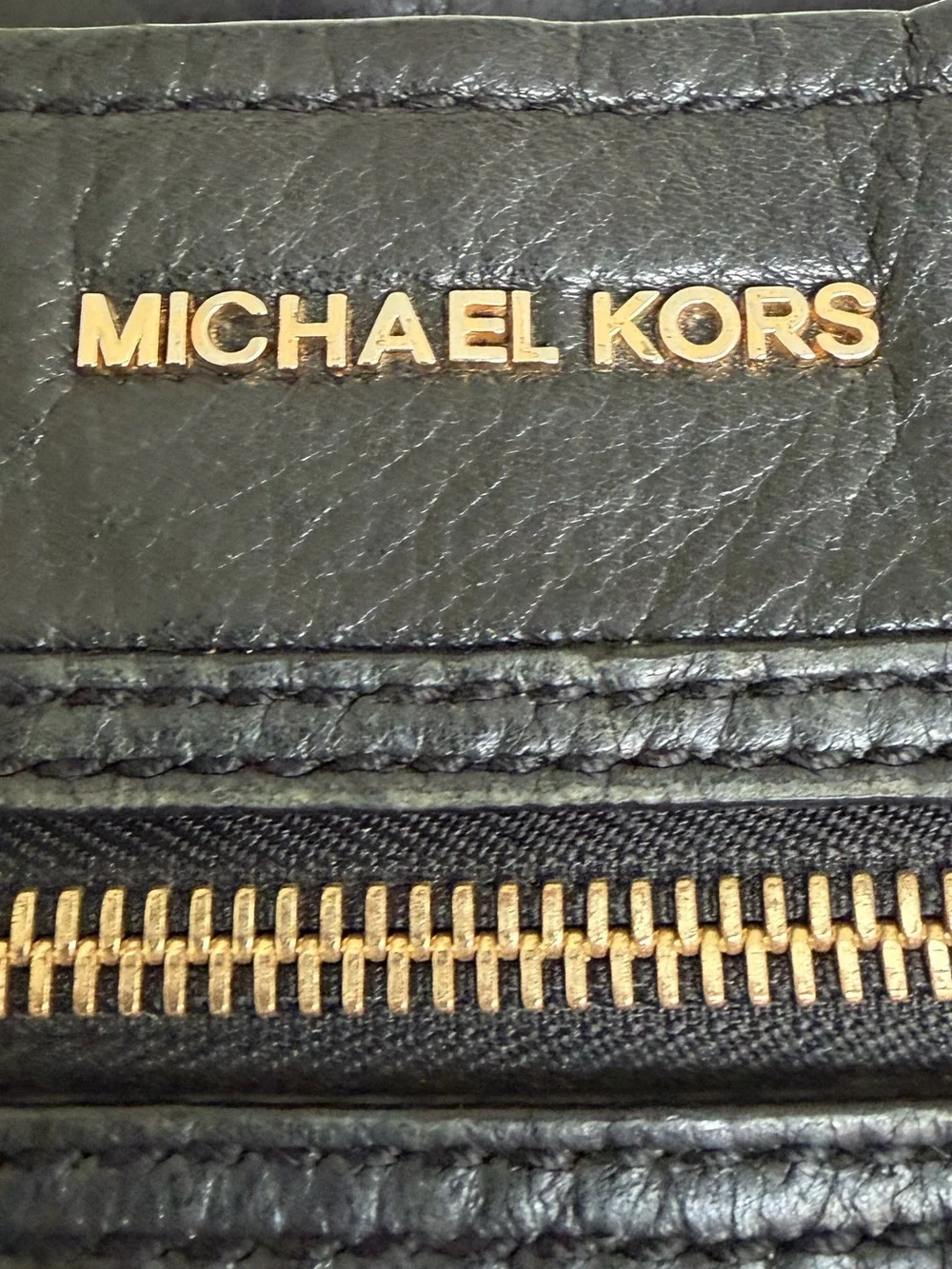 Michael Kors Black Pebbled Leather Tote Handbag Gold MK Medallion